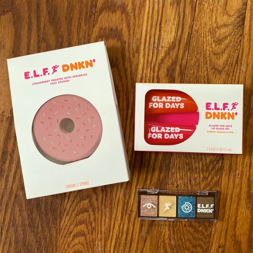 NWT ELFxDunkin eyeshadow, sponge, lip gloss set